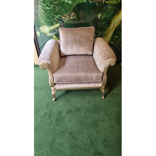 211 - MG Designs UK upholstered armchair newly upholstered in Taupe fabric with gilded ornate carved frame... 