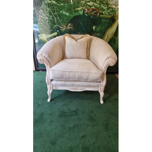 212 - MG Designs UK upholstered club chair newly upholstered in cream pattern damask fabric with bone whit... 