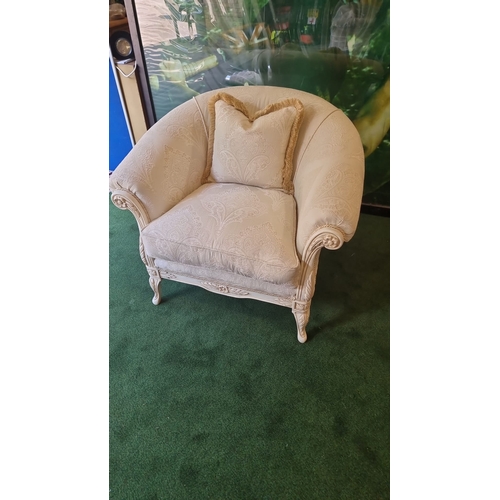 212 - MG Designs UK upholstered club chair newly upholstered in cream pattern damask fabric with bone whit... 