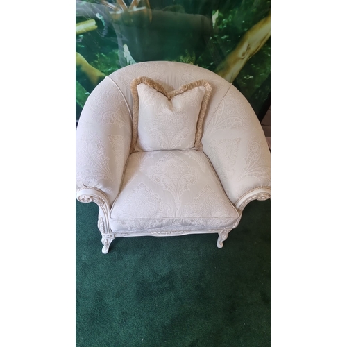 212 - MG Designs UK upholstered club chair newly upholstered in cream pattern damask fabric with bone whit... 