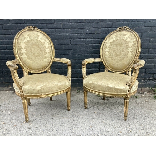 215 - A pair of 19thC. French Louis XVI  style giltwood armchairs 19thC. Beautifully Carved Frames and Uph... 