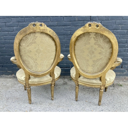 215 - A pair of 19thC. French Louis XVI  style giltwood armchairs 19thC. Beautifully Carved Frames and Uph... 