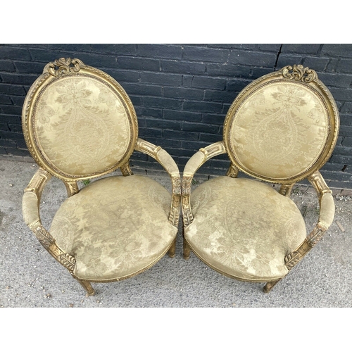 215 - A pair of 19thC. French Louis XVI  style giltwood armchairs 19thC. Beautifully Carved Frames and Uph... 