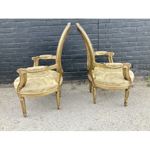 215 - A pair of 19thC. French Louis XVI  style giltwood armchairs 19thC. Beautifully Carved Frames and Uph... 