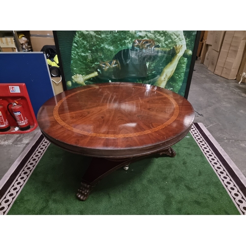 220 - A significant mahogany with banded inner border centre table 185cm diameter . Baluster pillar suppor... 