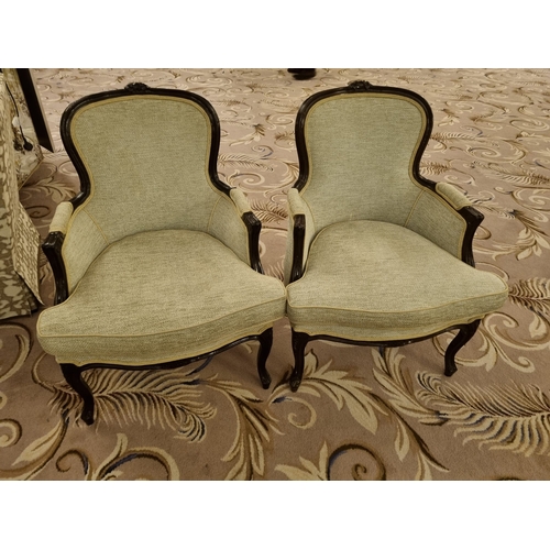 199 - A pair of French Style Louis Armchair Solid Oak - Oatmeal upholstered with dark wooden frame 67 x 65... 