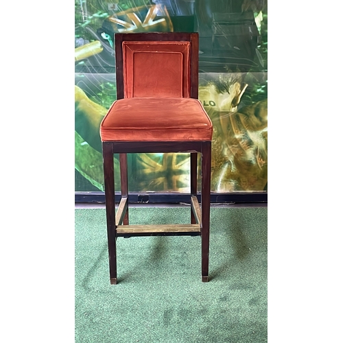 102c - Wooden framed bar stool gold upholstered pad and back rest with foot bar 40cm seat pitch overall 44 ... 