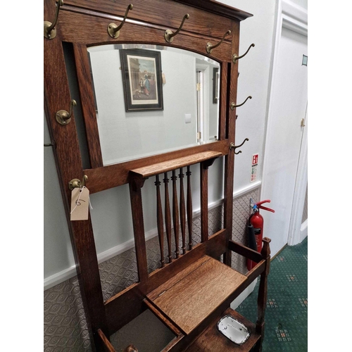 4 - Arts And Crafts Stained Oak Hall Stand C1900 Pediment Top With Original Hooks For Hats And Coats Arr... 