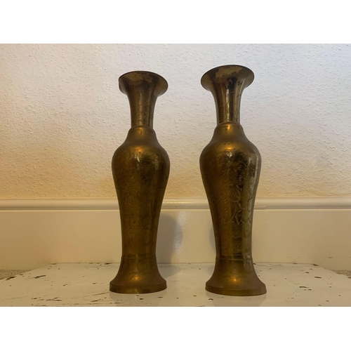 720 - A Pair Of Baluster Form Brass Etched Vases Most Likely Originated In India Mid 20th Century 30cm Tal... 