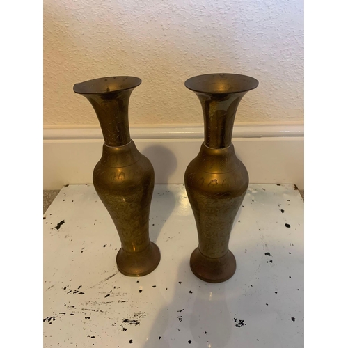 720 - A Pair Of Baluster Form Brass Etched Vases Most Likely Originated In India Mid 20th Century 30cm Tal... 