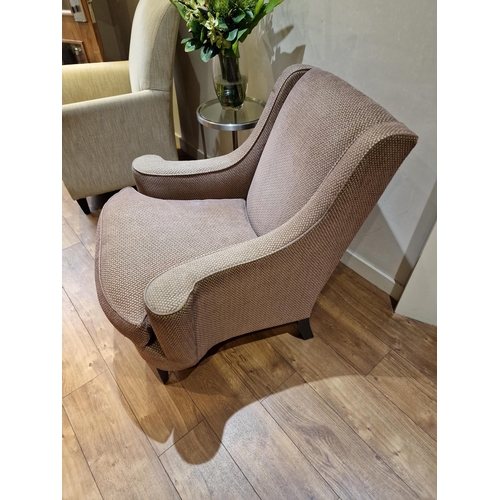 157 - An upholstered shaped armchair with out swept arms 84 x 60 x 86cm  (Room LG -)