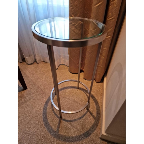 158 - A stainless steel and tempered glass side table 35cm diameter x 64cm tall (Room 3A)