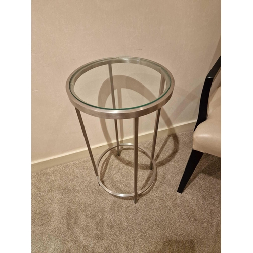 159 - A stainless steel and tempered glass side table 35cm diameter x 64cm tall (Room OD)