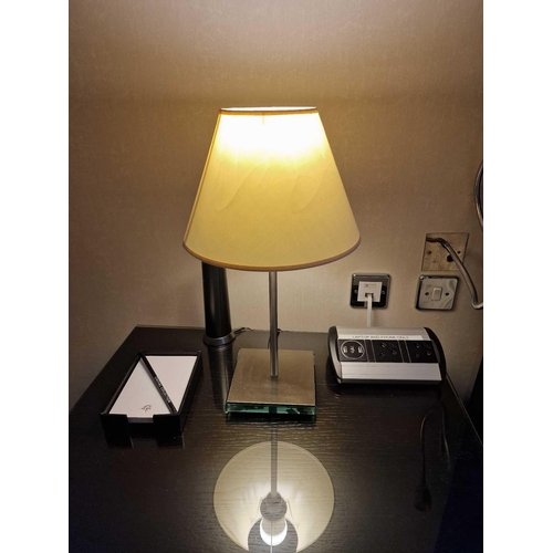 312 - A pair of Lucien Gau Paris LG Paris glass plinth and stainless steel table lamps with shade 46cm tal... 