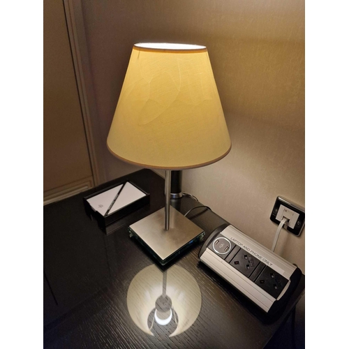 312 - A pair of Lucien Gau Paris LG Paris glass plinth and stainless steel table lamps with shade 46cm tal... 