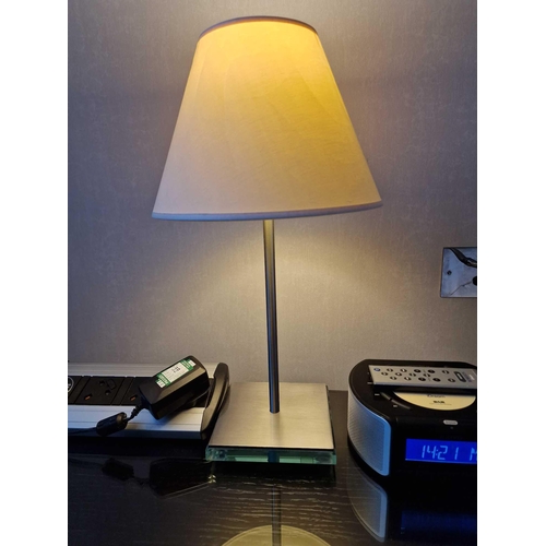 314 - A pair of Lucien Gau Paris LG Paris glass plinth and stainless steel table lamps with shade 46cm tal... 