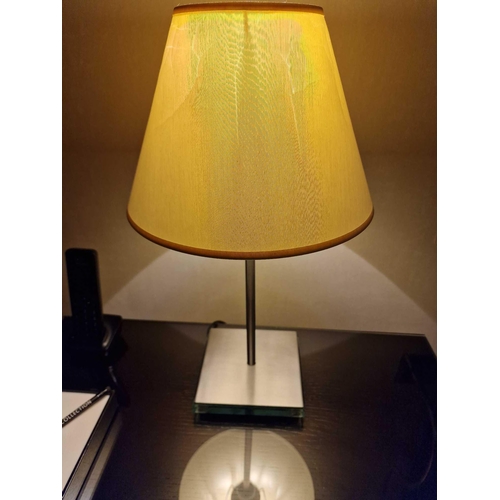 319 - A pair of Lucien Gau Paris LG Paris glass plinth and stainless steel table lamps with shade 46cm tal... 