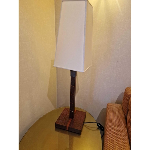 345 - Promemoria table lamp wood column lamp with bronzed collar decoration on square base complete with s... 