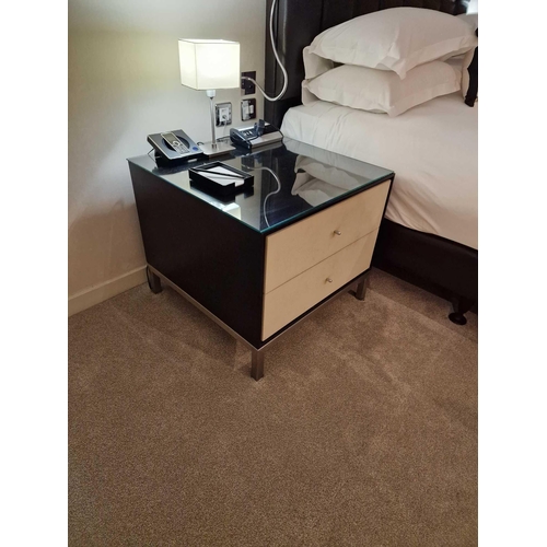 66 - A pair of bedside cabinets by Benhardt black ash mounted glass protective top on stainless steel bas... 