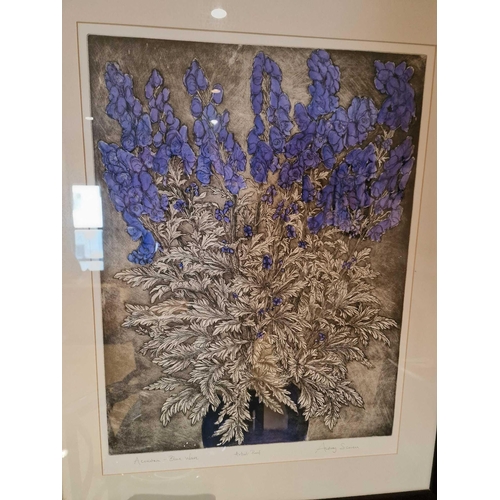 699 - Audrey Scovell (British) framed art work titled Aconitum blue wave Artist Proof in walnut coloured f... 