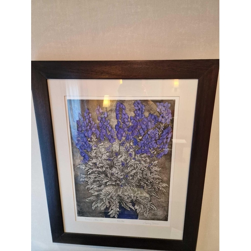 700 - Audrey Scovell (British) framed art work titled Aconitum blue wave Artist Proof in walnut coloured f... 