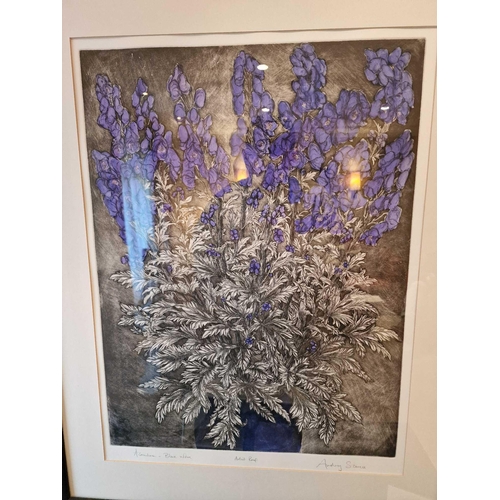 700 - Audrey Scovell (British) framed art work titled Aconitum blue wave Artist Proof in walnut coloured f... 