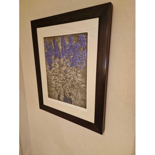 701 - Audrey Scovell (British) framed art work titled Aconitum blue wave Artist Proof in walnut coloured f... 