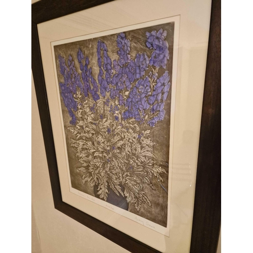 701 - Audrey Scovell (British) framed art work titled Aconitum blue wave Artist Proof in walnut coloured f... 