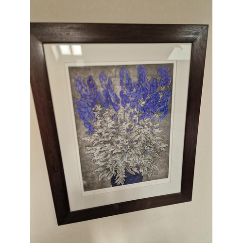 705 - Audrey Scovell (British) framed art work titled Aconitum blue wave Artist Proof in walnut coloured f... 