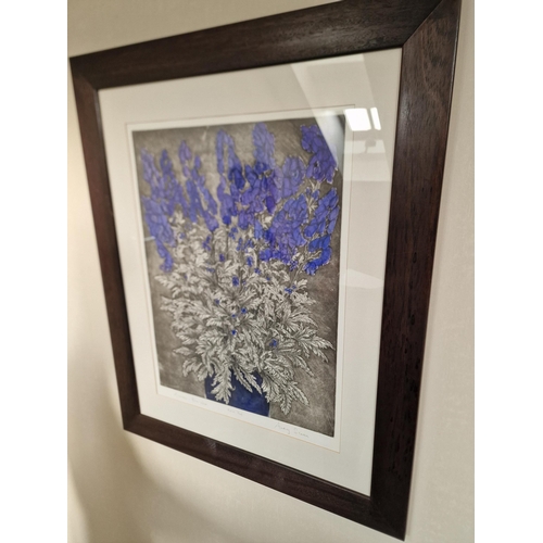 705 - Audrey Scovell (British) framed art work titled Aconitum blue wave Artist Proof in walnut coloured f... 