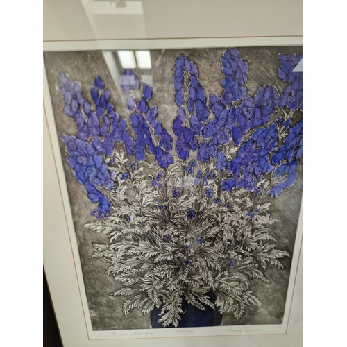 705 - Audrey Scovell (British) framed art work titled Aconitum blue wave Artist Proof in walnut coloured f... 