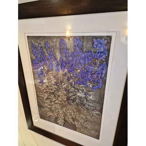 706 - Audrey Scovell (British) framed art work titled Aconitum blue wave Artist Proof in walnut coloured f... 