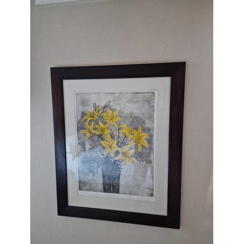 707 - Audrey Scovell (British) framed art work titled Lillies Yellow Damask Artist Proof in walnut coloure... 