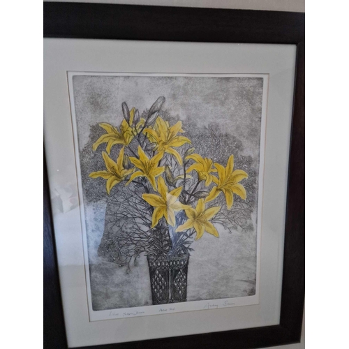 707 - Audrey Scovell (British) framed art work titled Lillies Yellow Damask Artist Proof in walnut coloure... 