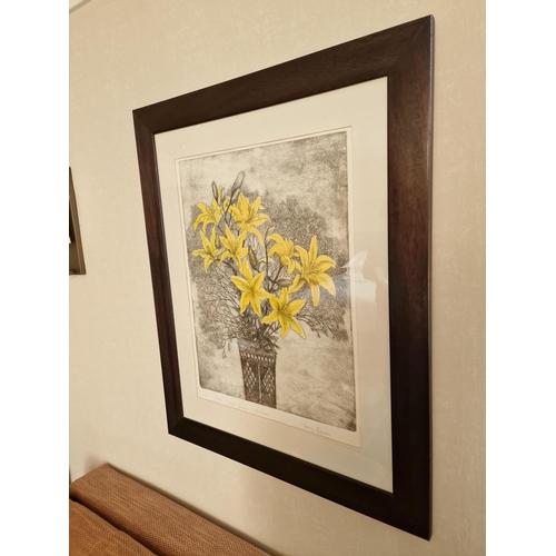 710 - Audrey Scovell (British) framed art work titled Lillies Yellow Damask Artist Proof in walnut coloure... 