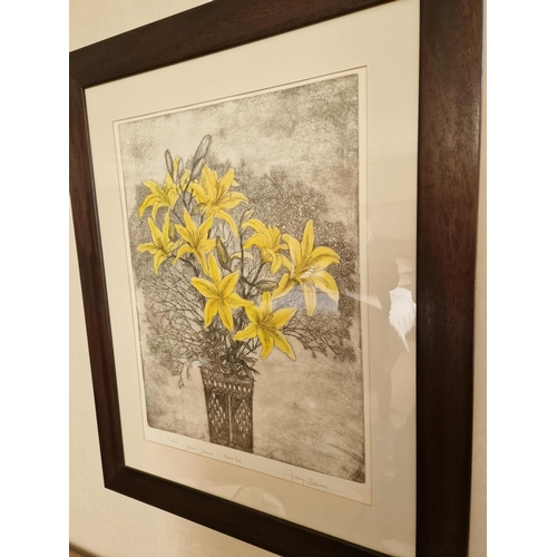 710 - Audrey Scovell (British) framed art work titled Lillies Yellow Damask Artist Proof in walnut coloure... 