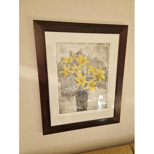 711 - Audrey Scovell (British) framed art work titled Lillies Yellow Damask Artist Proof in walnut coloure... 