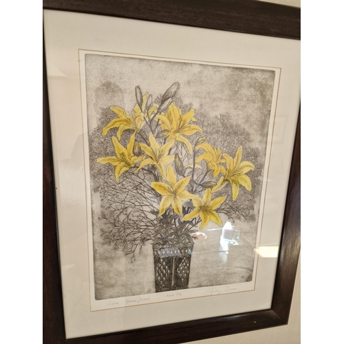 711 - Audrey Scovell (British) framed art work titled Lillies Yellow Damask Artist Proof in walnut coloure... 