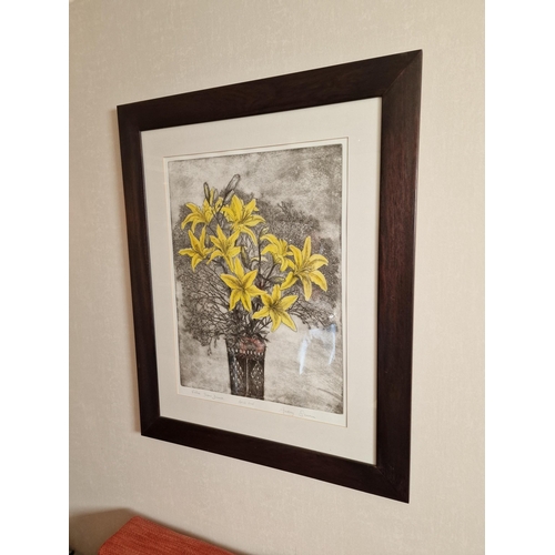 712 - Audrey Scovell (British) framed art work titled Lillies Yellow Damask Artist Proof in walnut coloure... 