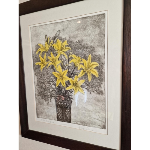 712 - Audrey Scovell (British) framed art work titled Lillies Yellow Damask Artist Proof in walnut coloure... 