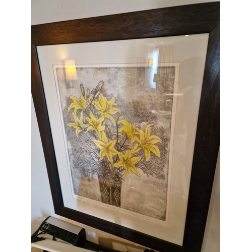 713 - Audrey Scovell (British) framed art work titled Lillies Yellow Damask Artist Proof in walnut coloure... 