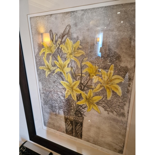 713 - Audrey Scovell (British) framed art work titled Lillies Yellow Damask Artist Proof in walnut coloure... 