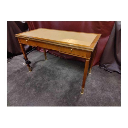 236 - Writing Desk With Tooled Leather Inlay Faux Central Drawer Flanked By Single Drawer And Flap Fitted ... 