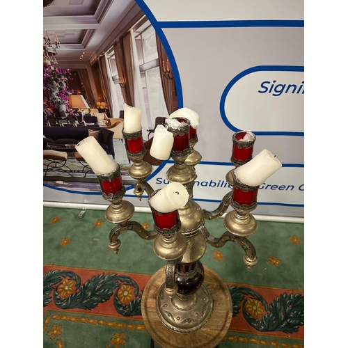 51 - A 6 Arm Candelabra Plus Centre Candle With Red Glass Urn Shaped Body 47 X 90 cm Possibly Moroccan