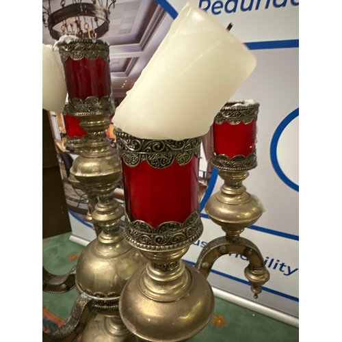 51 - A 6 Arm Candelabra Plus Centre Candle With Red Glass Urn Shaped Body 47 X 90 cm Possibly Moroccan