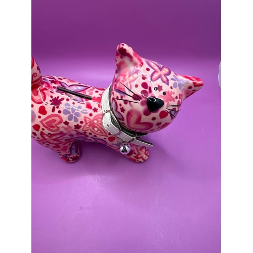 110 - Pomme Pidou Kitty Cat Money Box Pink With Butterflies Money Box