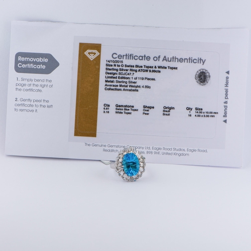 102 - 9.99 Ct Natural Swiss Blue Topaz and White Topaz Silver Ring, Silver 925, Limited Edition 1 of 119 P... 