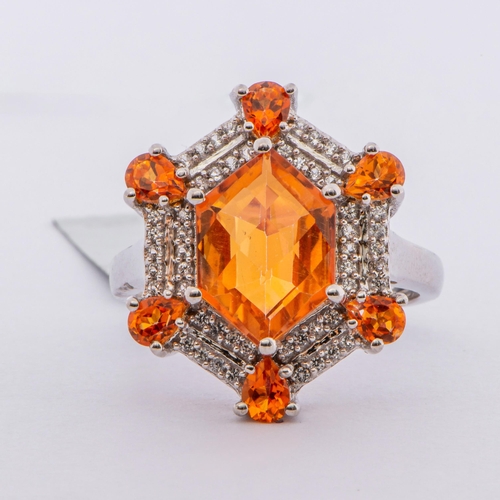 109 - 5.28 Ct Natural Padparadscha Colour Quartz, Topaz and White Topaz Silver Ring, Silver 925, Limited E... 