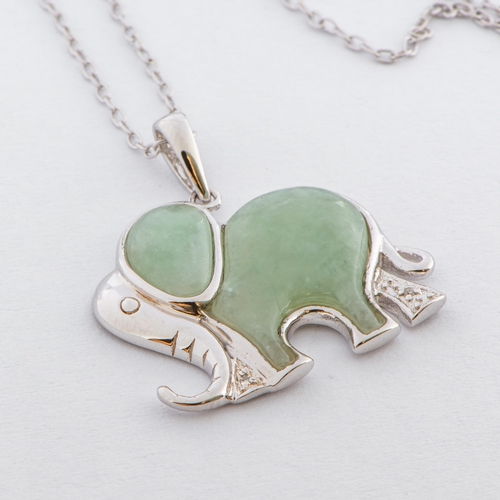 142 - 6.20 Ct Genuine Jade and Diamond Sterling Silver Elephant Necklace, Sterling Silver, Limited Edition... 