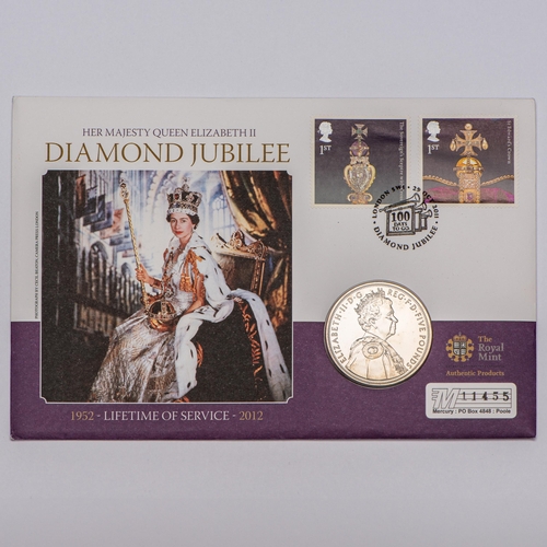 220 - HM Queen Elizabeth Diamond Jubilee 1952-2012, Five Pounds Coin Sealed, With Certificate and Stamps o... 